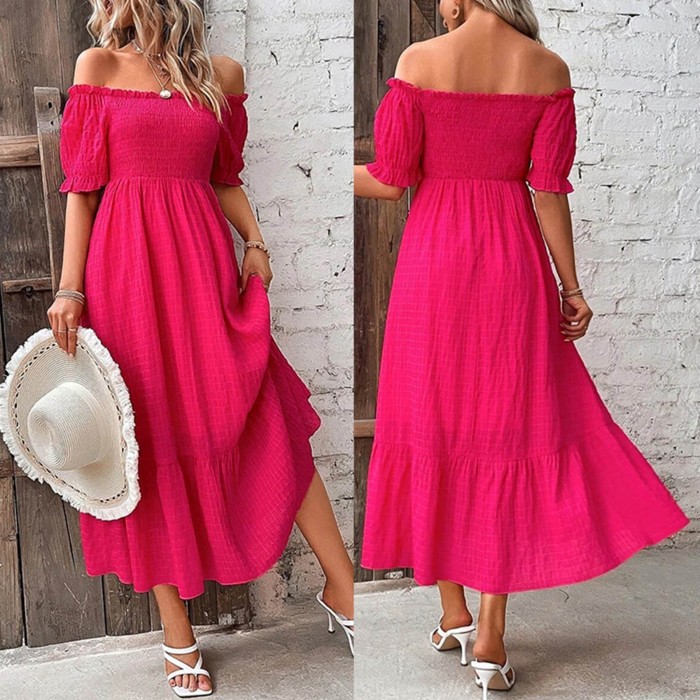 Women's Fashion Pure Pink Slant Collar Slit Sexy Casual Elegant Maxi Dress