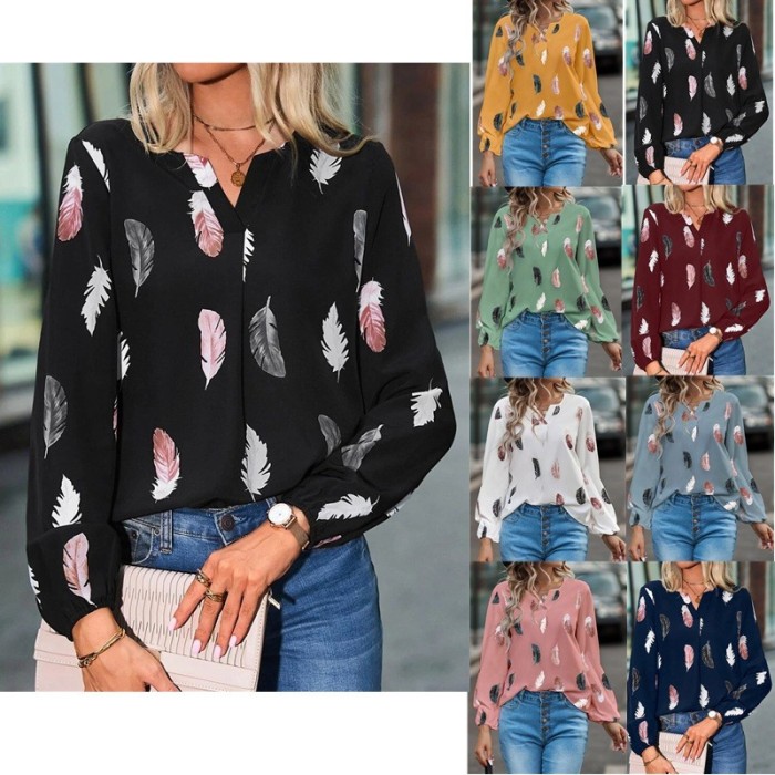 Women's Fashion V Neck Feather Print Long Sleeve Loose Casual Shirt