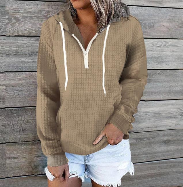 Fashionable Zipper Design Drawstring Casual Solid Color Long Sleeve Pocket Hoodie