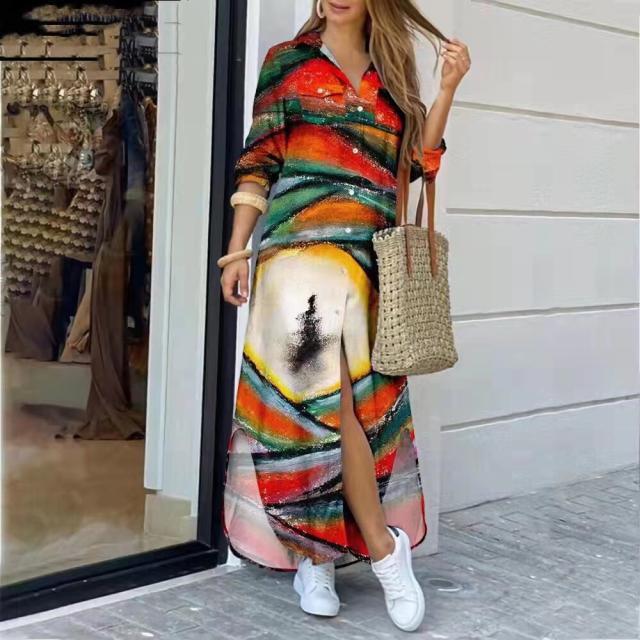 Stylish Irregular Buttoned Bohemian Sexy Lapel Printed Shirt  Maxi Dress