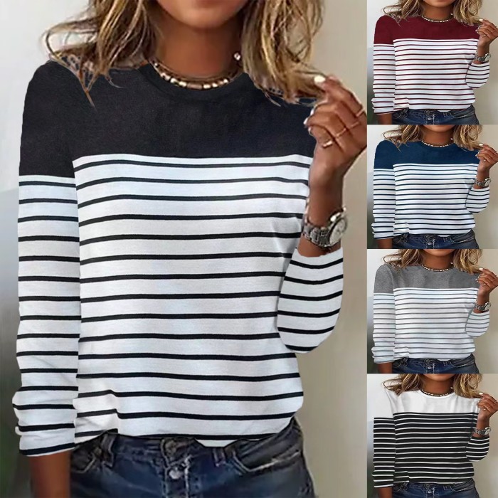 Women's Fashion Casual Striped Printed Loose O-Neck Long Sleeve Pullover T-Shirt