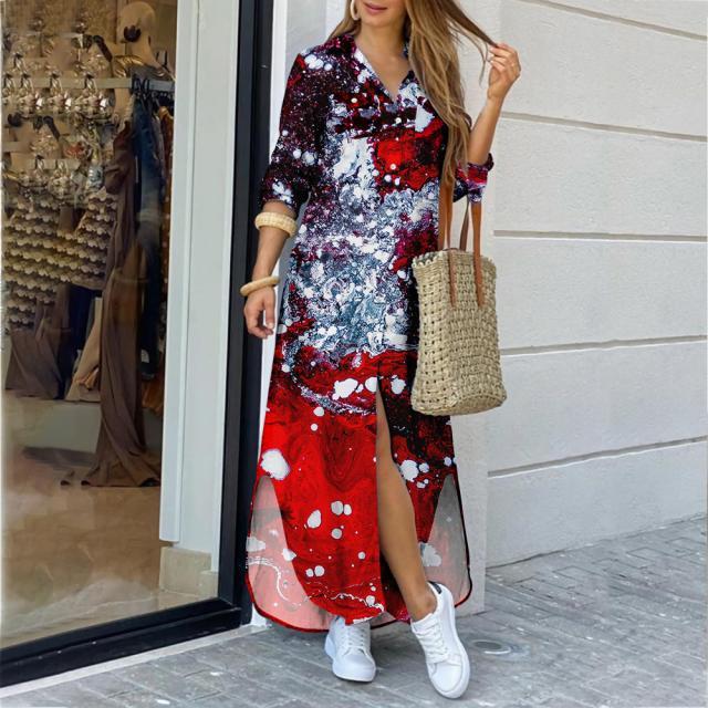 Stylish Irregular Buttoned Bohemian Sexy Lapel Printed Shirt  Maxi Dress