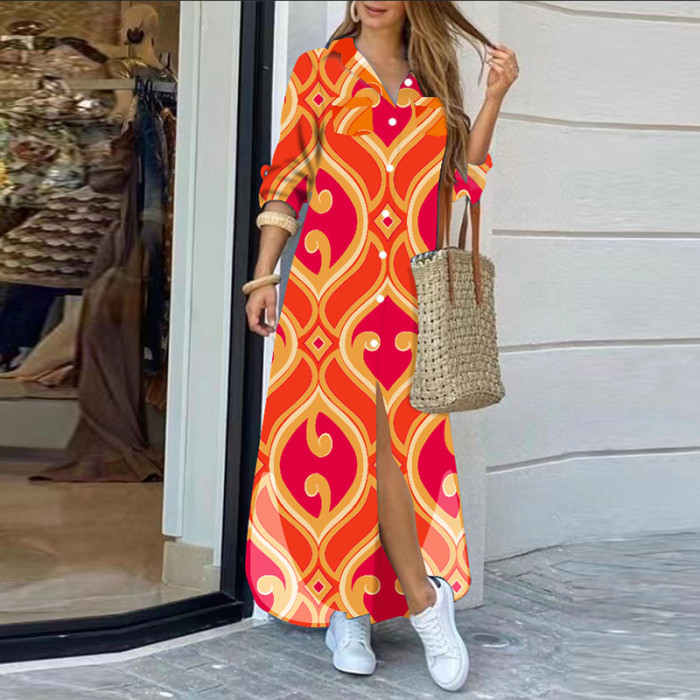 Stylish Irregular Buttoned Bohemian Sexy Lapel Printed Shirt  Maxi Dress