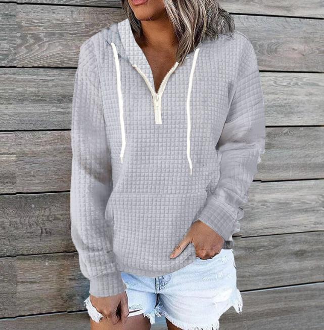 Fashionable Zipper Design Drawstring Casual Solid Color Long Sleeve Pocket Hoodie