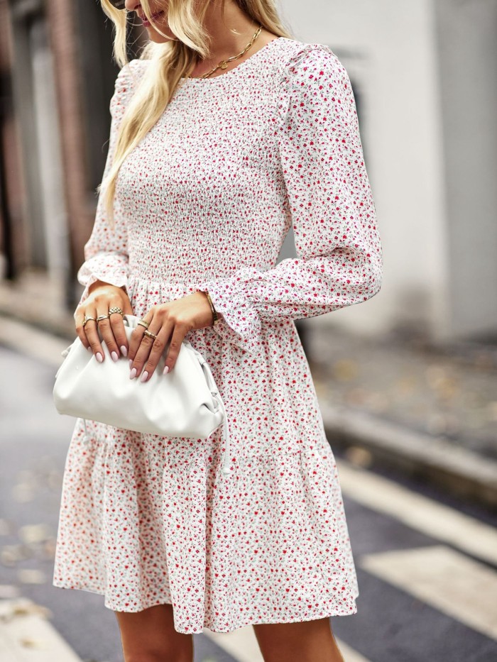 Women's Fashion Floral O-Neck Long Sleeve Casual A-Line Mini Dress