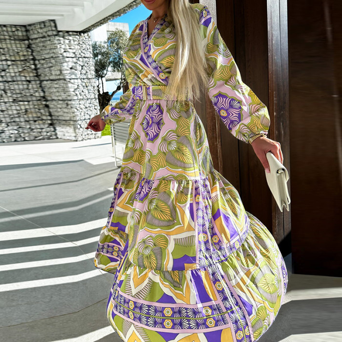 Elegant Long Sleeve Pleated Casual Bohemian V-Neck Printed Midi Dress