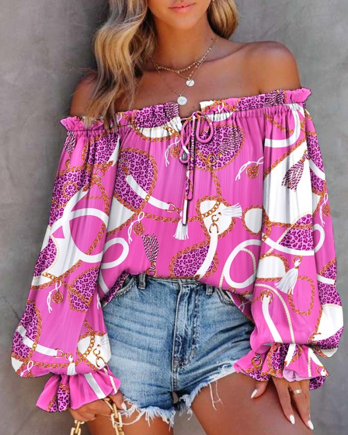Women's Sexy Bohemian Off-Shoulder Printed Ruffled Tie-Up  Blouses & Shirts