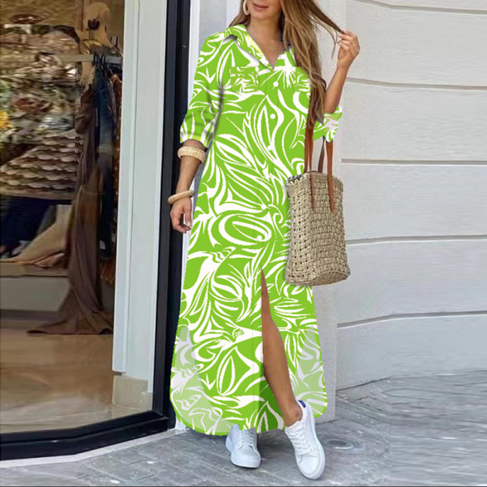 Stylish Irregular Buttoned Bohemian Sexy Lapel Printed Shirt  Maxi Dress