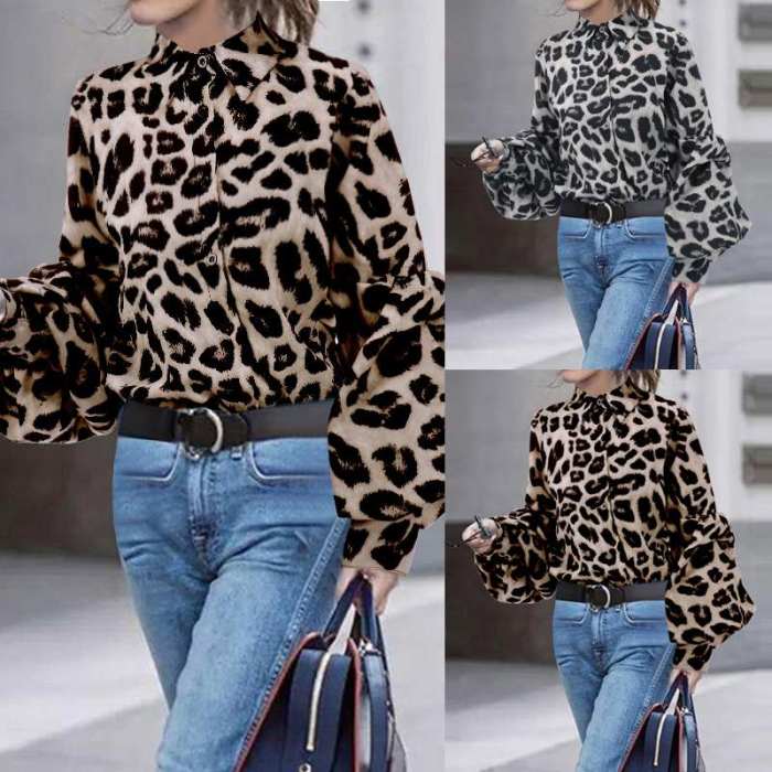 Women's Loose Fashion Leopard Print Long Sleeve Shirt Tops