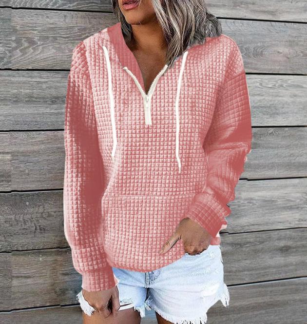 Fashionable Zipper Design Drawstring Casual Solid Color Long Sleeve Pocket Hoodie