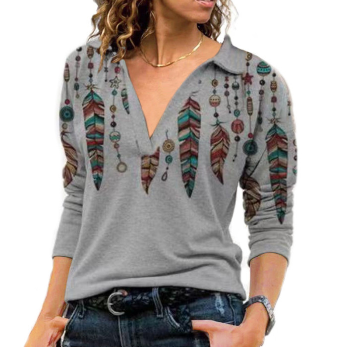 Women's Fashion Casual Vintage Printed V-Neck Long Sleeve T-Shirt