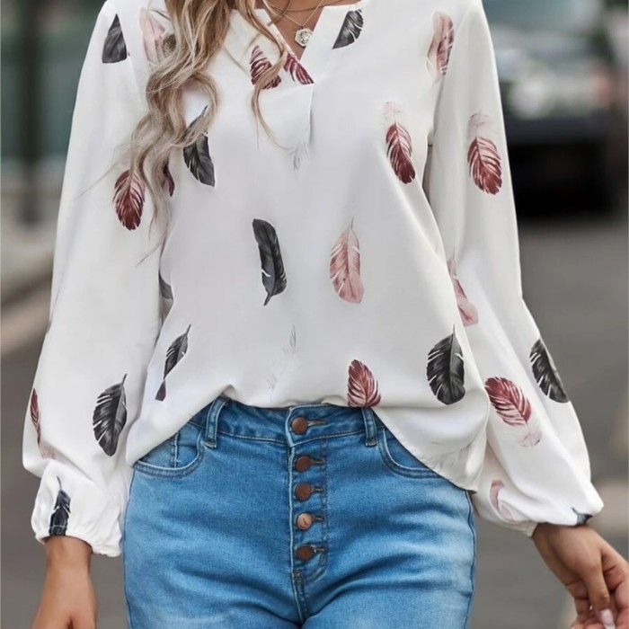 Women's Fashion V Neck Feather Print Long Sleeve Loose Casual Shirt