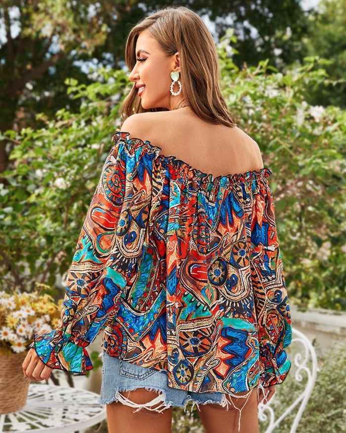 Women's Sexy Bohemian Off-Shoulder Printed Ruffled Tie-Up  Blouses & Shirts