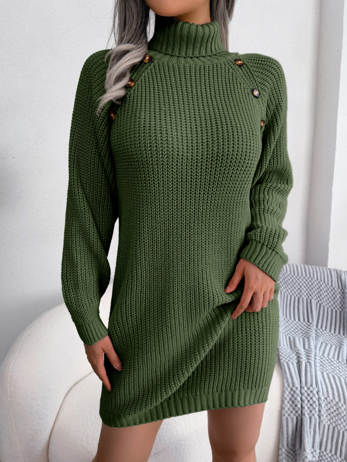 Stylish Casual Buttoned Long Sleeve Knitted Turtleneck Sweater Dress
