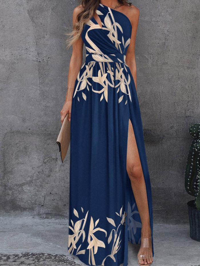 Stylish Printed Off-Shoulder Backless Hollow Elegant and Chic High Waist Party Dress