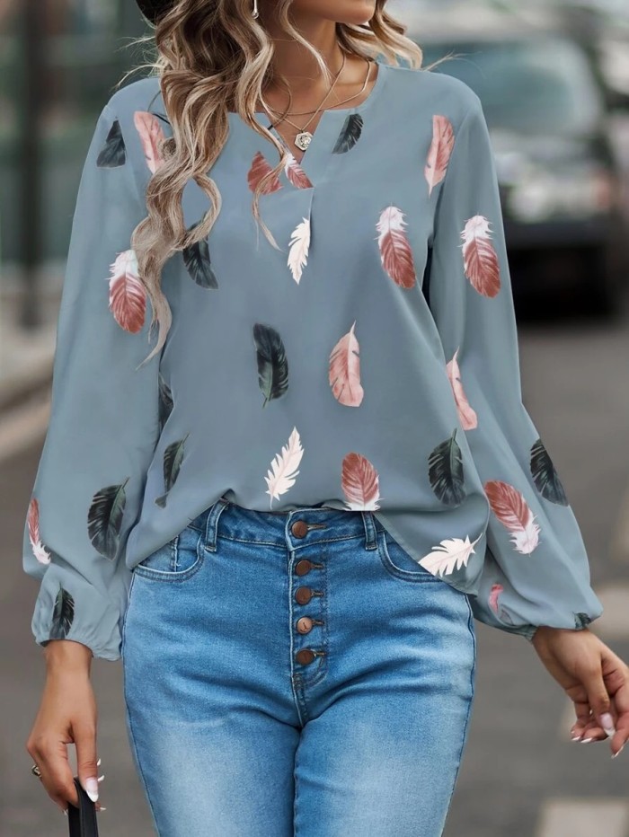 Women's Fashion V Neck Feather Print Long Sleeve Loose Casual Shirt