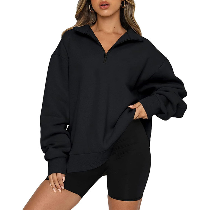 Autumn Quarter Zipper Lapel Drop Shoulder Solid Color Pullover Sweatshirts