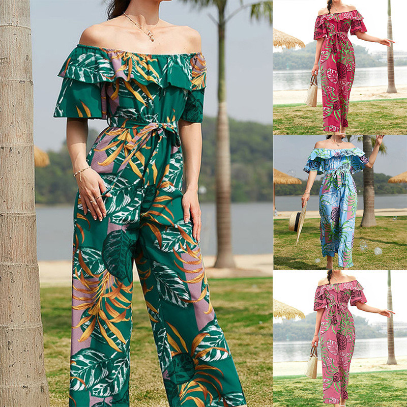 Women's Fashion Print Sexy Casual Slant Collar Ruffle Jumpsuit