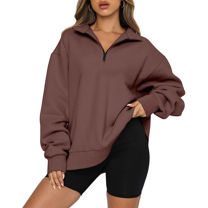 Autumn Quarter Zipper Lapel Drop Shoulder Solid Color Pullover Sweatshirts