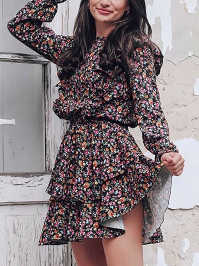 Women's Tiered Ruffle Floral Print Boho Long Sleeve A-Line Holiday Party Mini Dress