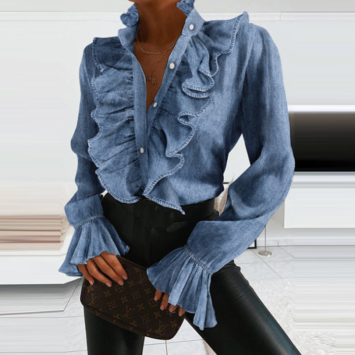 Denim Ruffled Long Sleeve Elegant Office Sexy V Neck Pleated Shirt Top