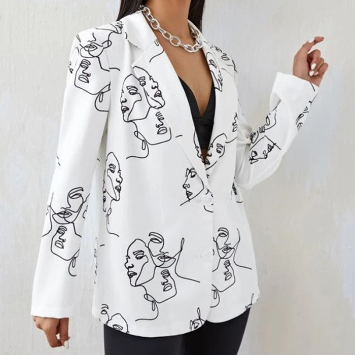 Stylish Cute Printed Women's Jacket Long Sleeve Elegant Office Blazer
