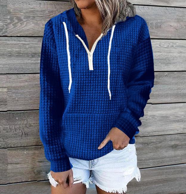 Fashionable Zipper Design Drawstring Casual Solid Color Long Sleeve Pocket Hoodie