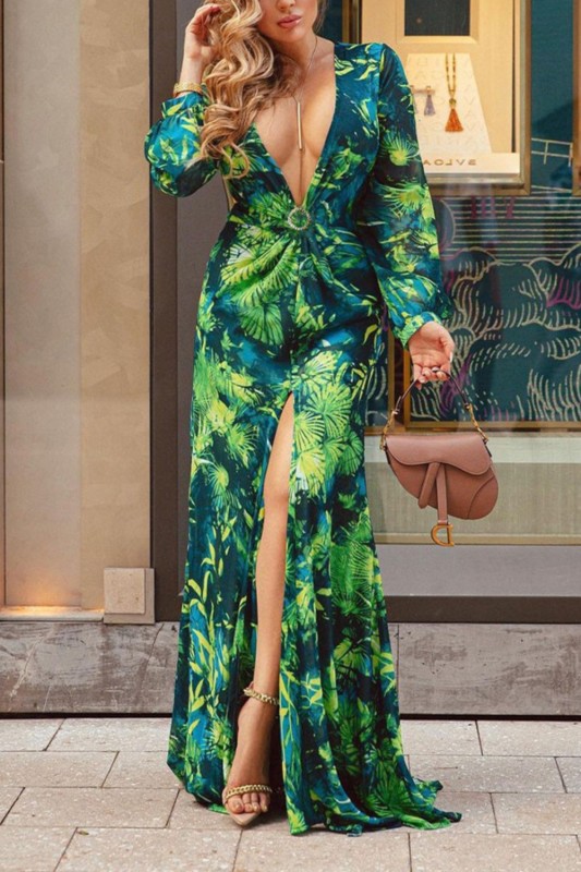 Fashion Tropical Print Sexy Plunging Neck Split Thigh Maxi Dress