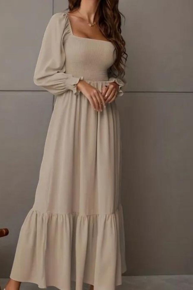 Elegant Ruffle Flowy Long Dress, Solid Long Lantern Sleeve Square Neck Loose Waist Fashion Dresses, Women's Clothing