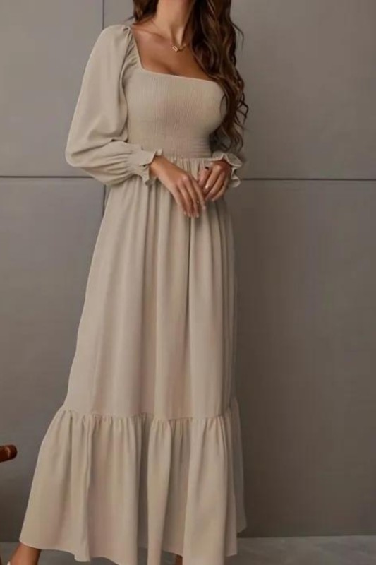 Elegant Ruffle Flowy Long Dress, Solid Long Lantern Sleeve Square Neck Loose Waist Fashion Dresses, Women's Clothing