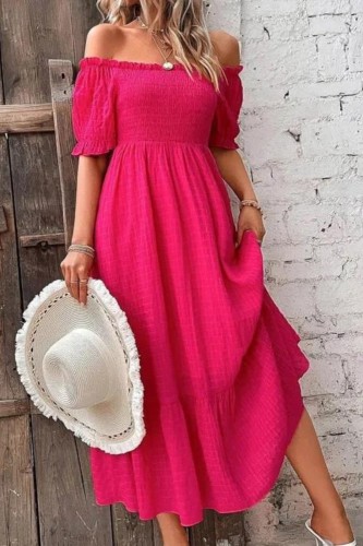 Women's Fashion Pure Pink Slant Collar Slit Sexy Casual Elegant Maxi Dress