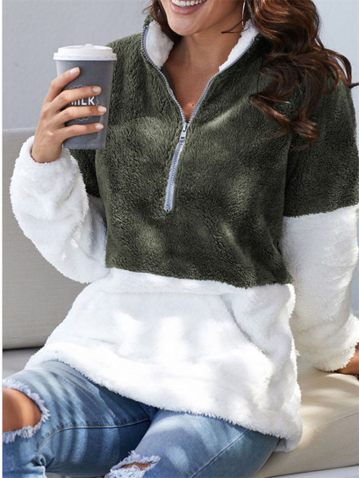 Women's Winter Turtleneck Wool Faux Fur Pullover Top Color Block Lace Zipper Hoodies