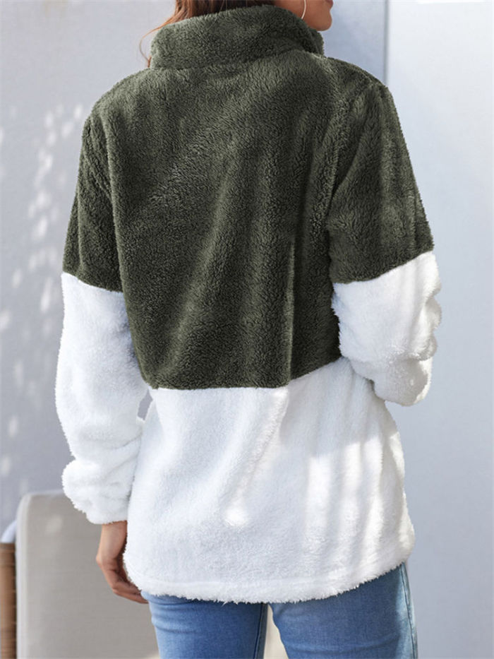 Women's Winter Turtleneck Wool Faux Fur Pullover Top Color Block Lace Zipper Hoodies