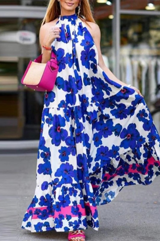 Women's Floral Print Off-Shoulder Loose Sexy O-Neck Sleeveless Loose Maxi Dress