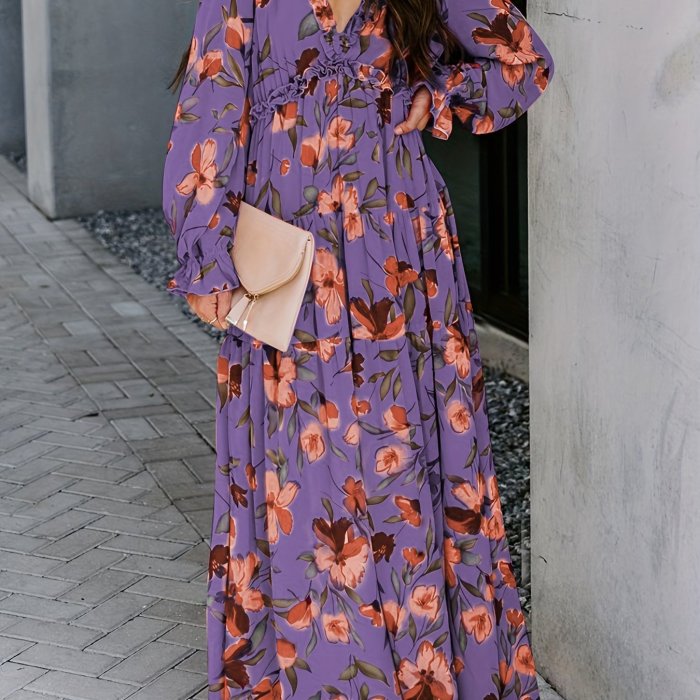 Floral Print Pleated Dress, Vacation V Neck Long Sleeve Maxi Dress, Women's Clothing