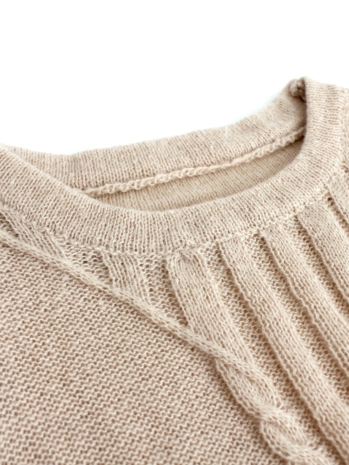 Cable Knit Sweater Dress, Casual Solid Crew Neck Dress, Women's Clothing