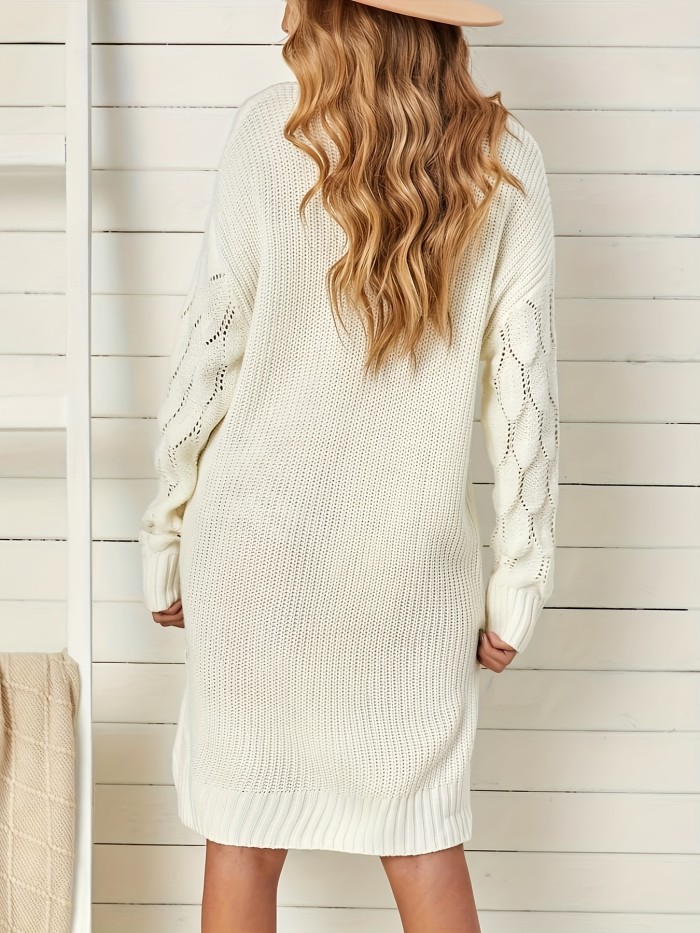 Turtleneck Solid Sweater Dress, Casual Long Sleeve Split Dress, Women's Clothing