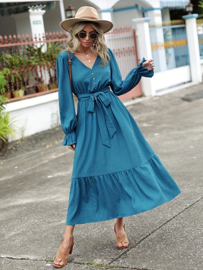 Solid Simple Dress, Elegant V Neck Long Sleeve Maxi Dress, Women's Clothing