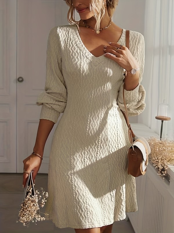 Solid Textured Dress, Elegant V Neck Long Sleeve Mini Dress, Women's Clothing