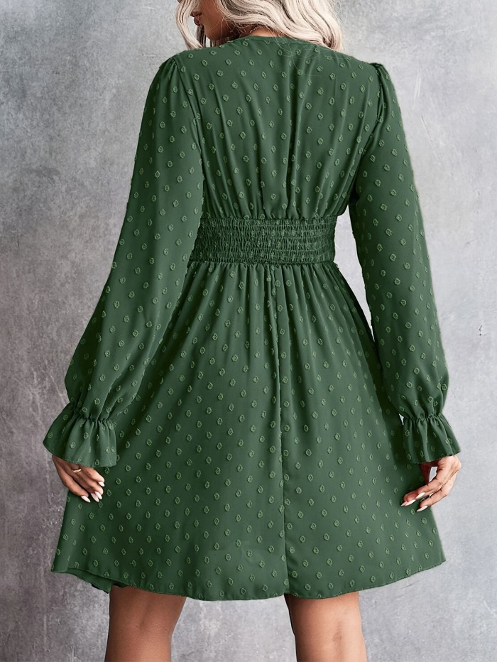 Swiss Dot Ruched Dress, Elegant V Neck Long Sleeve Solid Dress, Women's Clothing