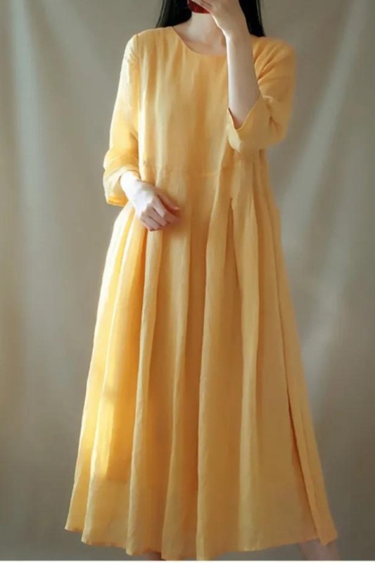 Fashion Casual Elegant Retro Loose Cotton Linen Casual Midi Dress