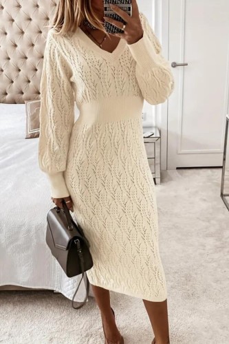 Solid Eyelet Sweater Dress, Elegant V Neck Long Sleeve Midi Dress, Women's Clothing