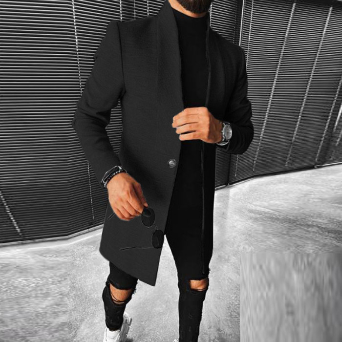 Fashionable Stand Collar Midi-Long Jacket Men's Casual Single Button Slim Jacket