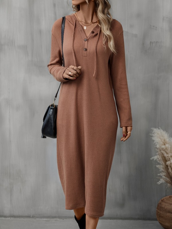 Hooded Button Front Dress, Casual Drawstring Long Sleeve Dress, Women's Clothing