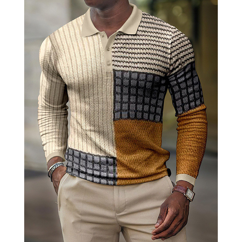 Men's Fashionable Lapel Long Sleeve Printed Pullover Casual T-Shirt