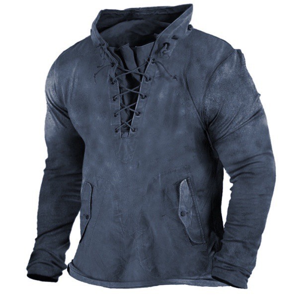 Men's Fashion Outdoor Sports Retro Lace Up Loose Solid Color Casual Hoodie