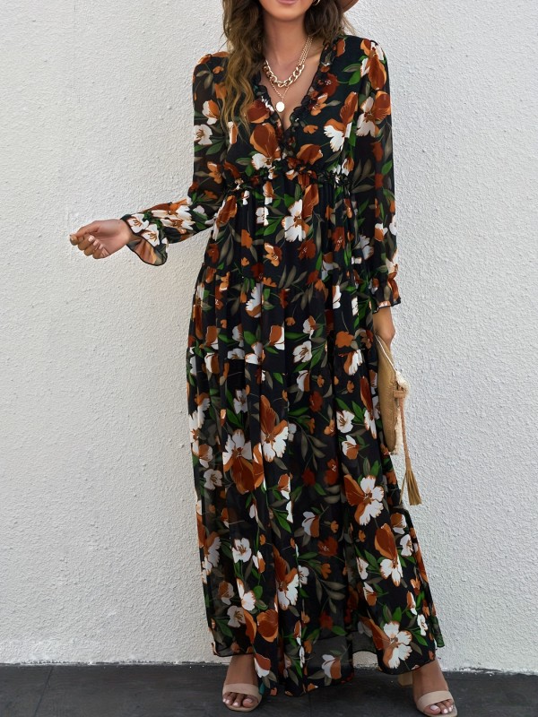 Floral Print Pleated Dress, Vacation V Neck Long Sleeve Maxi Dress, Women's Clothing