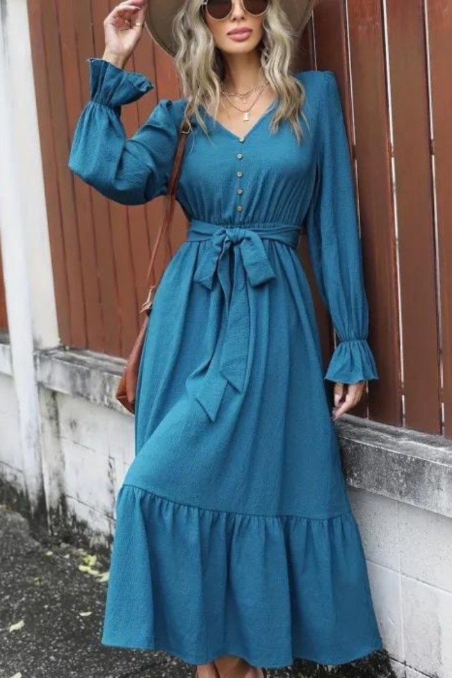 Solid Simple Dress, Elegant V Neck Long Sleeve Maxi Dress, Women's Clothing