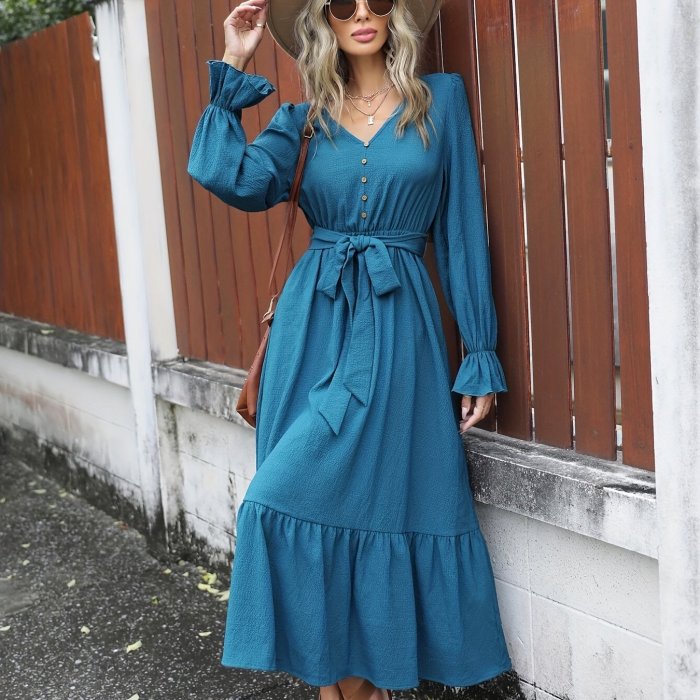 Solid Simple Dress, Elegant V Neck Long Sleeve Maxi Dress, Women's Clothing