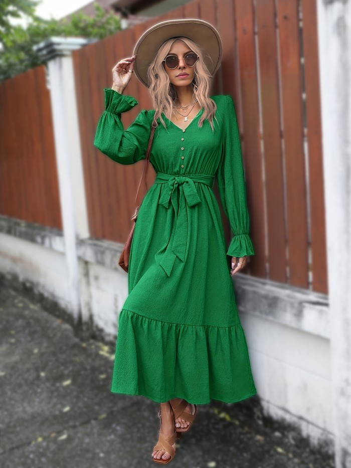 Solid Simple Dress, Elegant V Neck Long Sleeve Maxi Dress, Women's Clothing